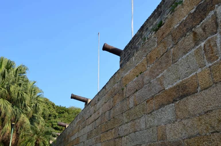 Old cannons protruding from the ramparts of Tung Chung Fort
